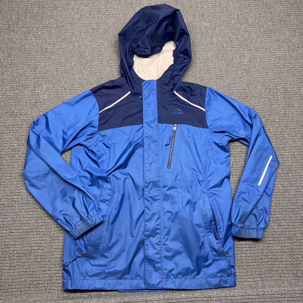 LL Bean Kids TEK2.5 Rain Jacket‎ Blue Waterproof Hooded Shell Size M 10-12